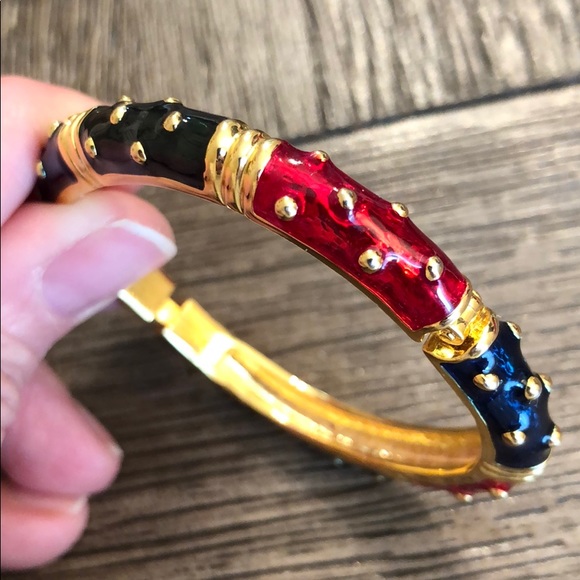 Vintage Goldtone Bracelet Red, Navy, Green Enamel - Picture 5 of 13